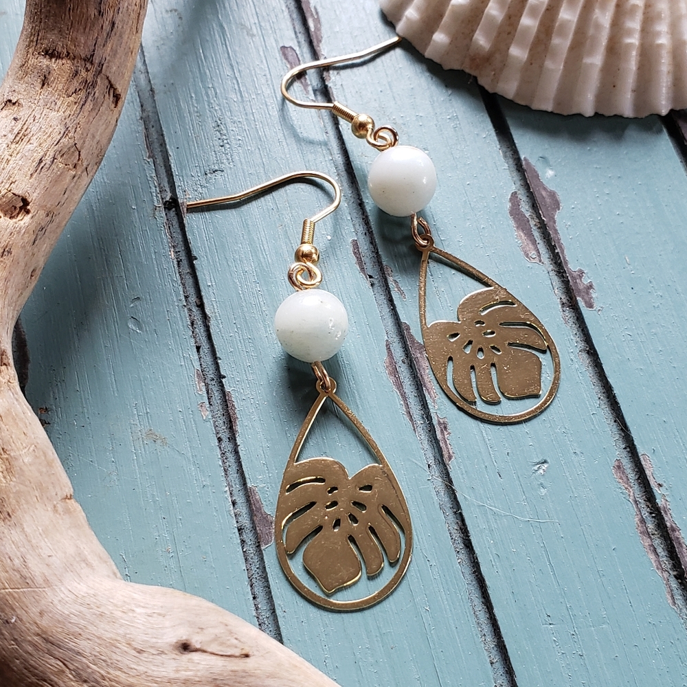 Handmade Monstera House Plant x Turquoise Amazonite Crystal Quartz Earrings